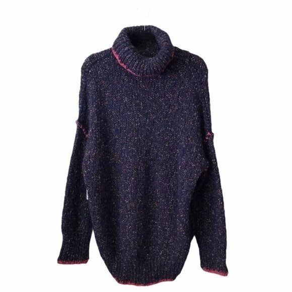 Free People Echo Blue Flecked Knit Oversized Turtleneck Pullover Sweater $168 NW - Picture 2 of 6